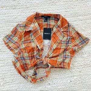 Plaid tie front crop top